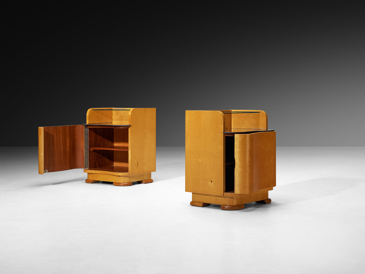 Italian Art Deco Bedside Tables in Maple and Glass Tops Case pieces and storage cabinets Morentz