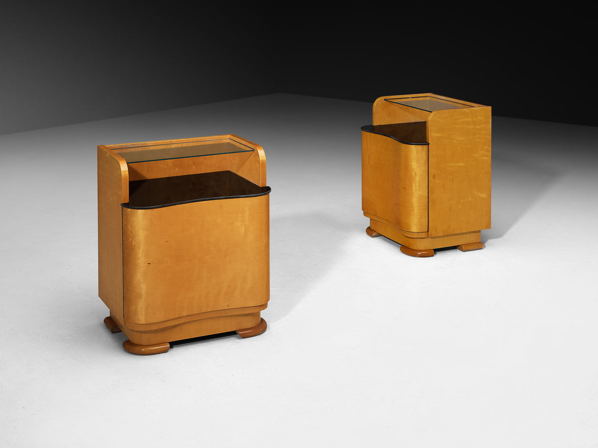 Italian Art Deco Bedside Tables in Maple and Glass Tops Case pieces and storage cabinets Morentz