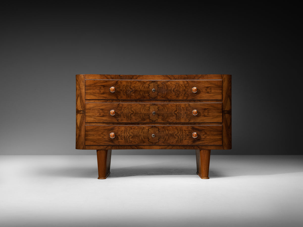 Italian Art Deco Chest of Drawers in Walnut with Amber Coloured Handles Case pieces and storage cabinets Morentz