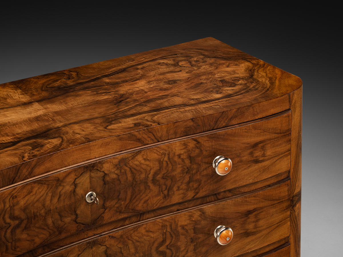 Italian Art Deco Chest of Drawers in Walnut with Amber Coloured Handles Case pieces and storage cabinets Morentz