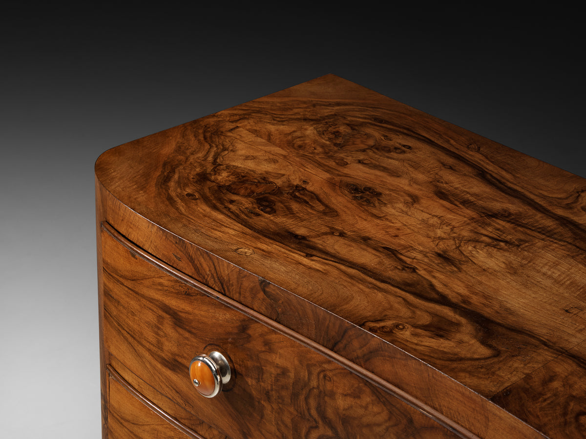 Italian Art Deco Chest of Drawers in Walnut with Amber Coloured Handles Case pieces and storage cabinets Morentz