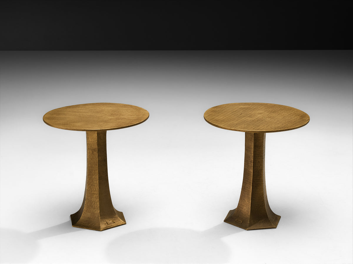 Rare Luciano Frigerio Pair of Side Tables in Hammered Brass Tables Morentz