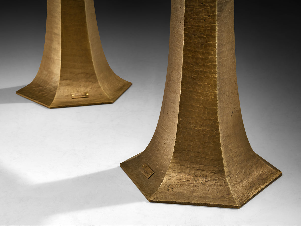 Rare Luciano Frigerio Pair of Side Tables in Hammered Brass Tables Morentz