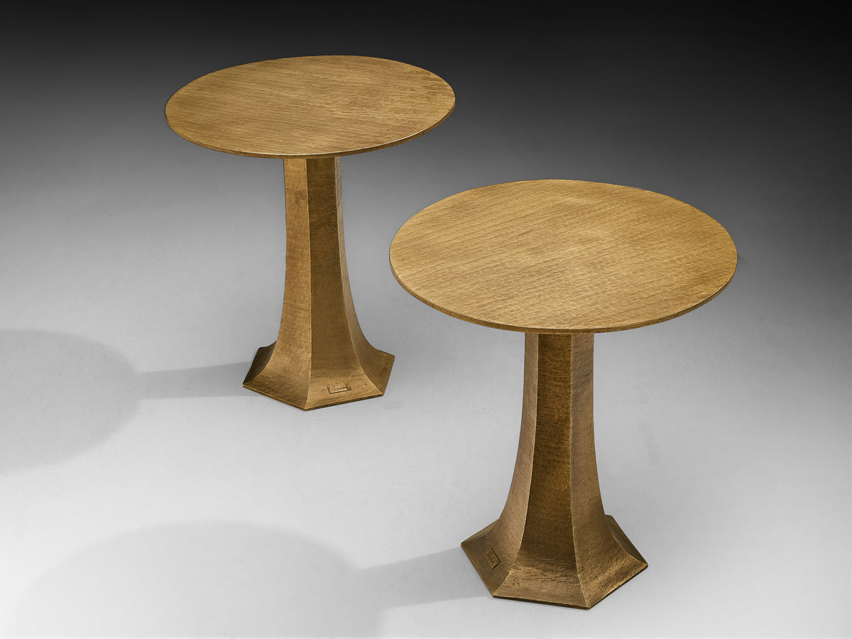 Rare Luciano Frigerio Pair of Side Tables in Hammered Brass Tables Morentz