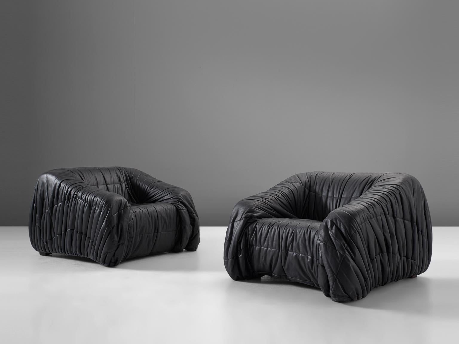 De Pas, D'urbino and Lomazzi Pair of Lounge Chairs in Black Leatherette