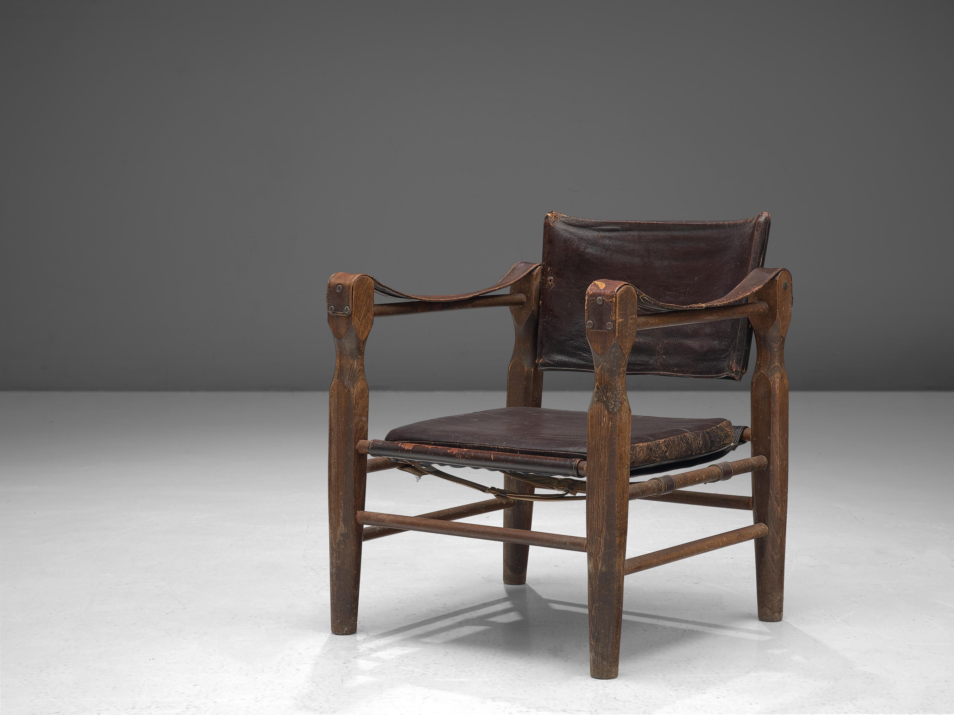 Safari Armchair with Sculptural Frame in Patinated Brown Leather