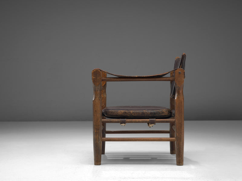 Safari Armchair with Sculptural Frame in Patinated Brown Leather