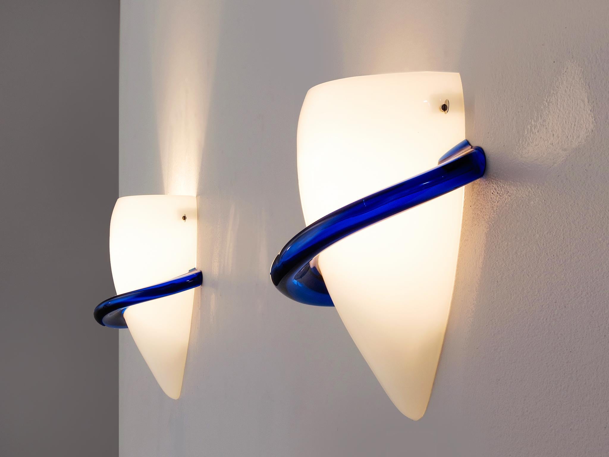 Tina Marie Aufiero for Venini Pair of White and Blue Glass Wall Lights