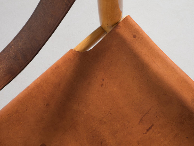 Swedish Safari Armchair in Natural Cognac Leather and Birch