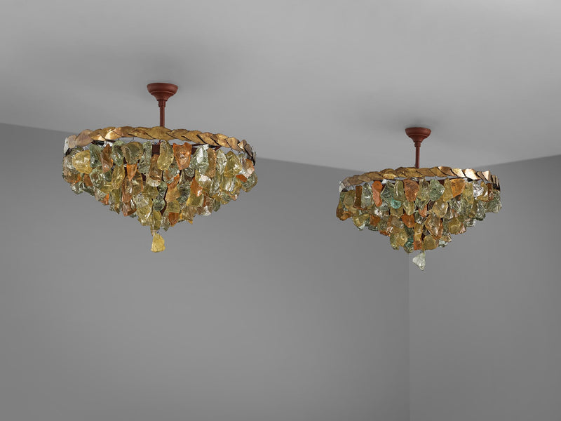 Large Custom Made Glass French Chandeliers in Colored Glass and Brass