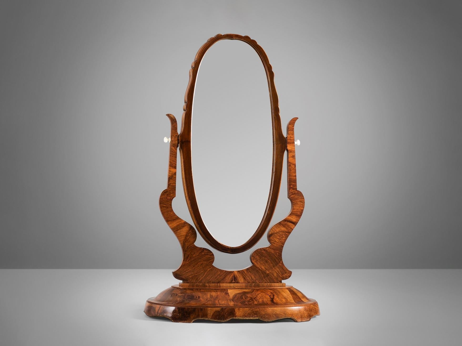 Italian Large Free-Standing Art Deco Mirror in Walnut Burl