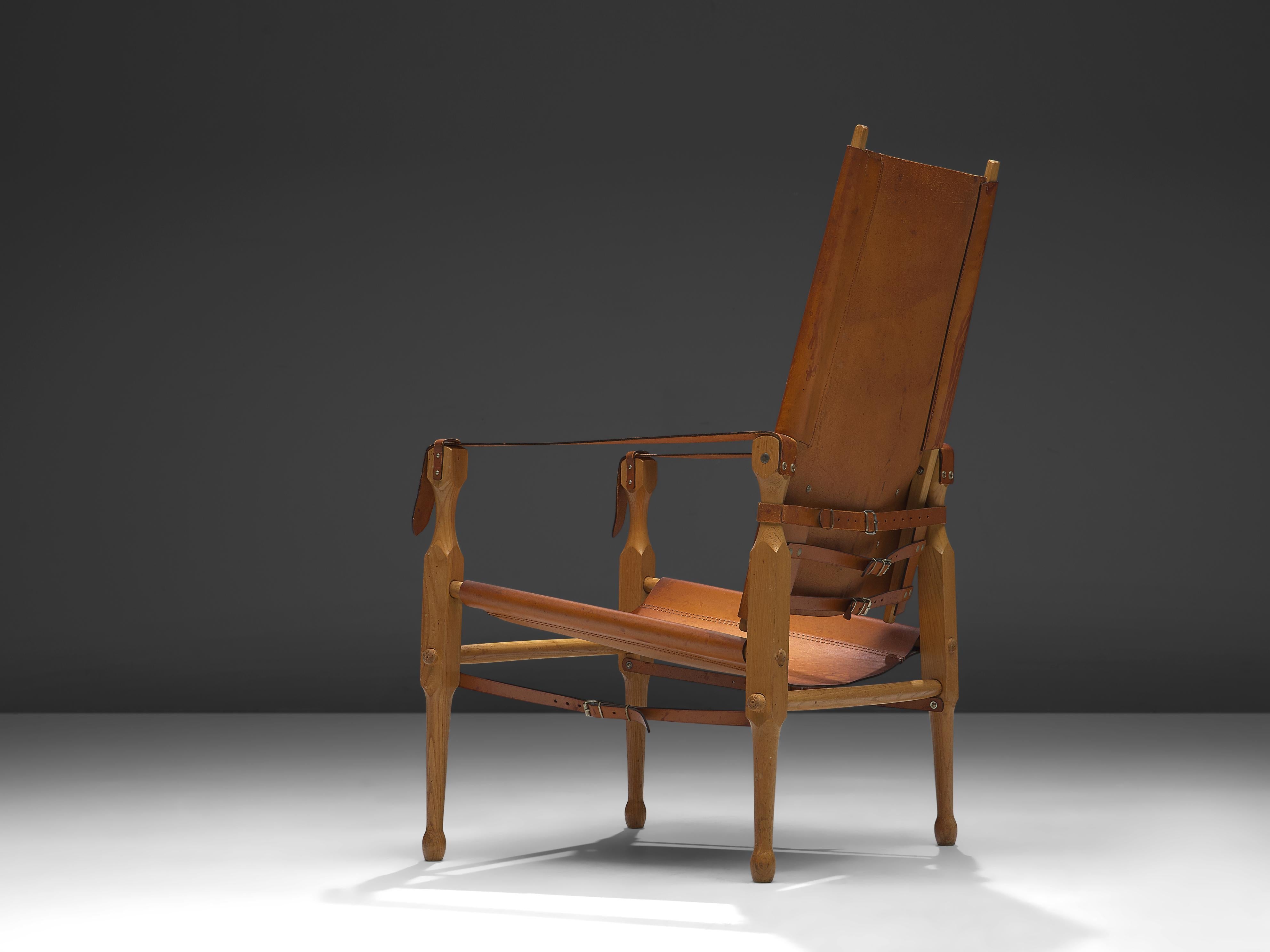 Danish ‘Safari’ Lounge Chair in Solid Ash and Cognac Leather