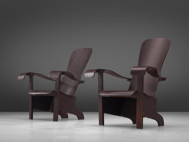 Brazilian Pair of Lounge Chairs in Dark Laminated Wood by Móveis Cimo