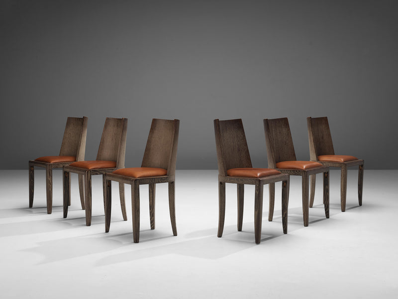 Unique Art Deco Set of Six Dining Chairs in Cerused Oak and Leather