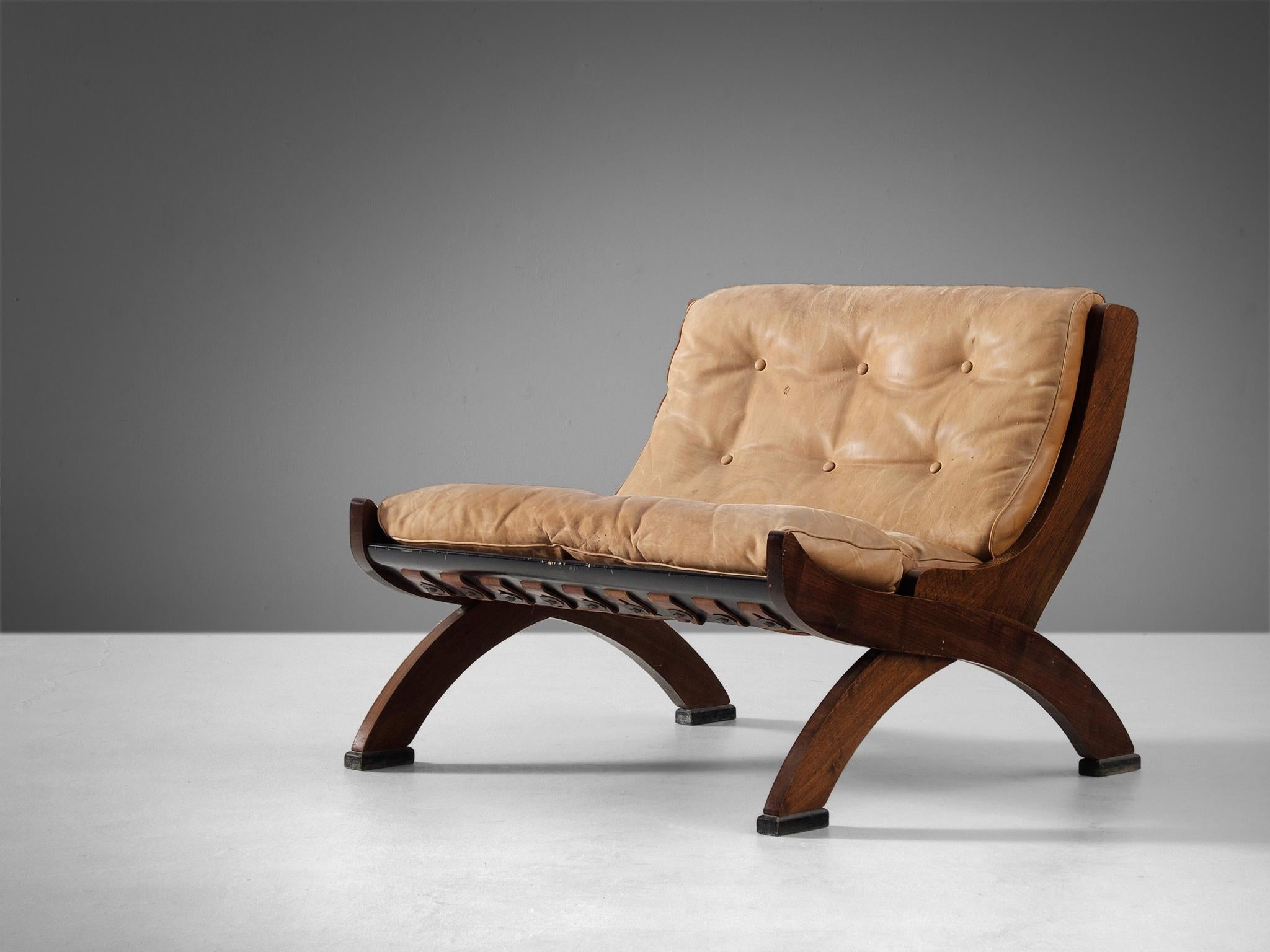 Marco Comolli Lounge Chair in Walnut and Beige Leather