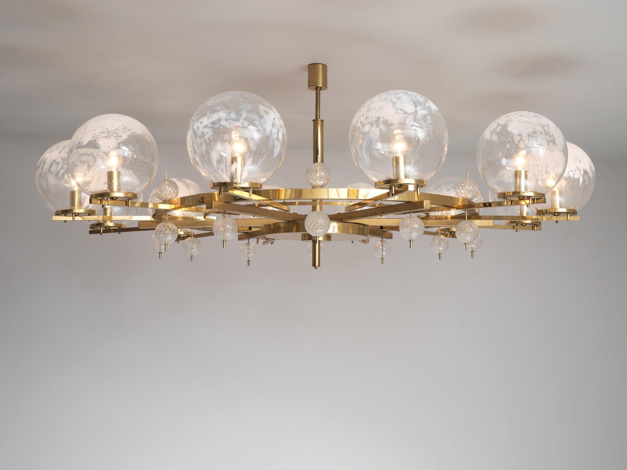 Grand Chandelier in Brass and Art-Glass Spheres 8.5 feet