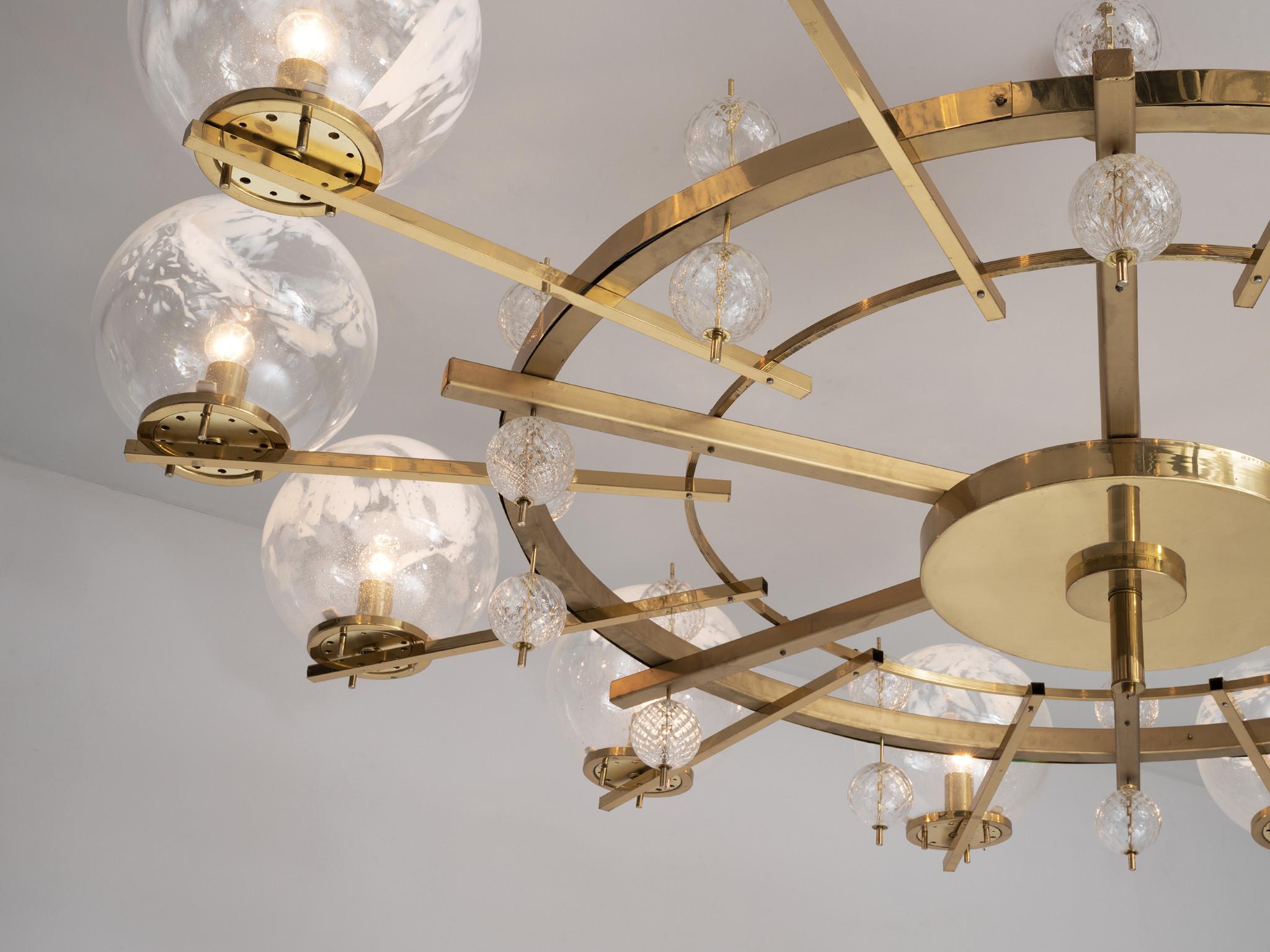 Grand Chandelier in Brass and Art-Glass Spheres 8.5 feet