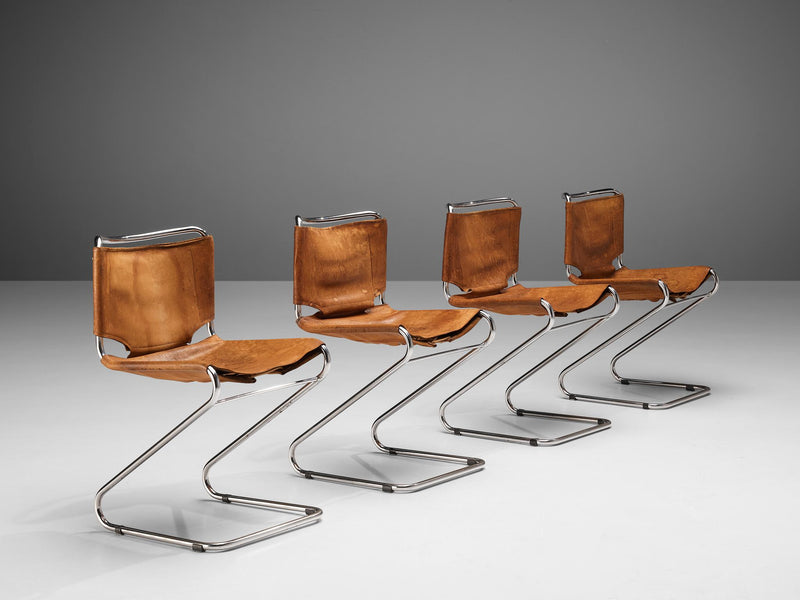 Pascal Mourgue Set of Four 'Biscia' Chairs in Cognac Leather