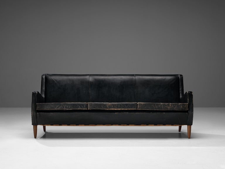 Danish Sofa in Original Black Leather and Oak