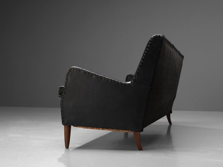 Danish Sofa in Original Black Leather and Oak