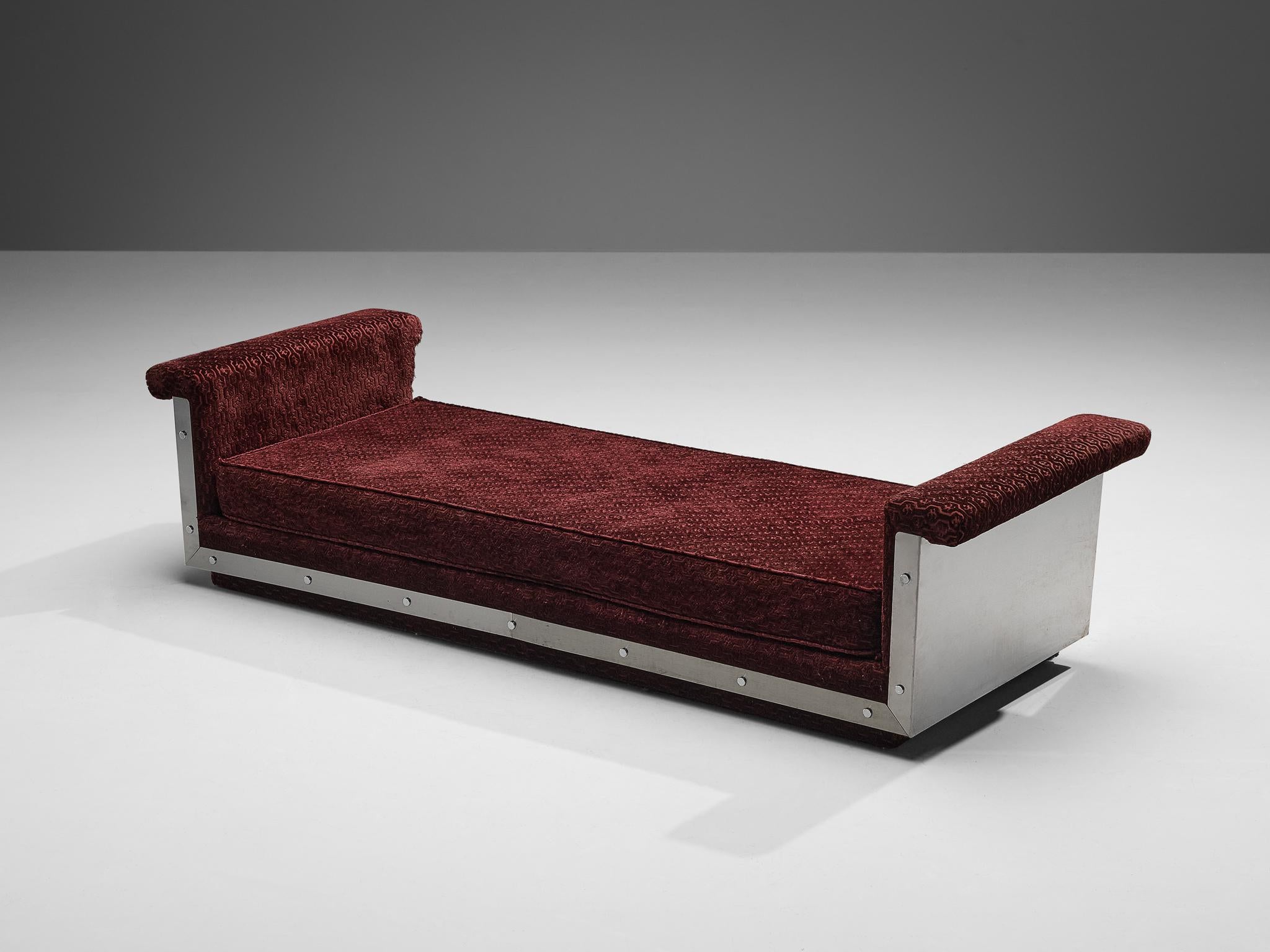 French Daybed in Stainless Steel and Burgundy Velvet Upholstery