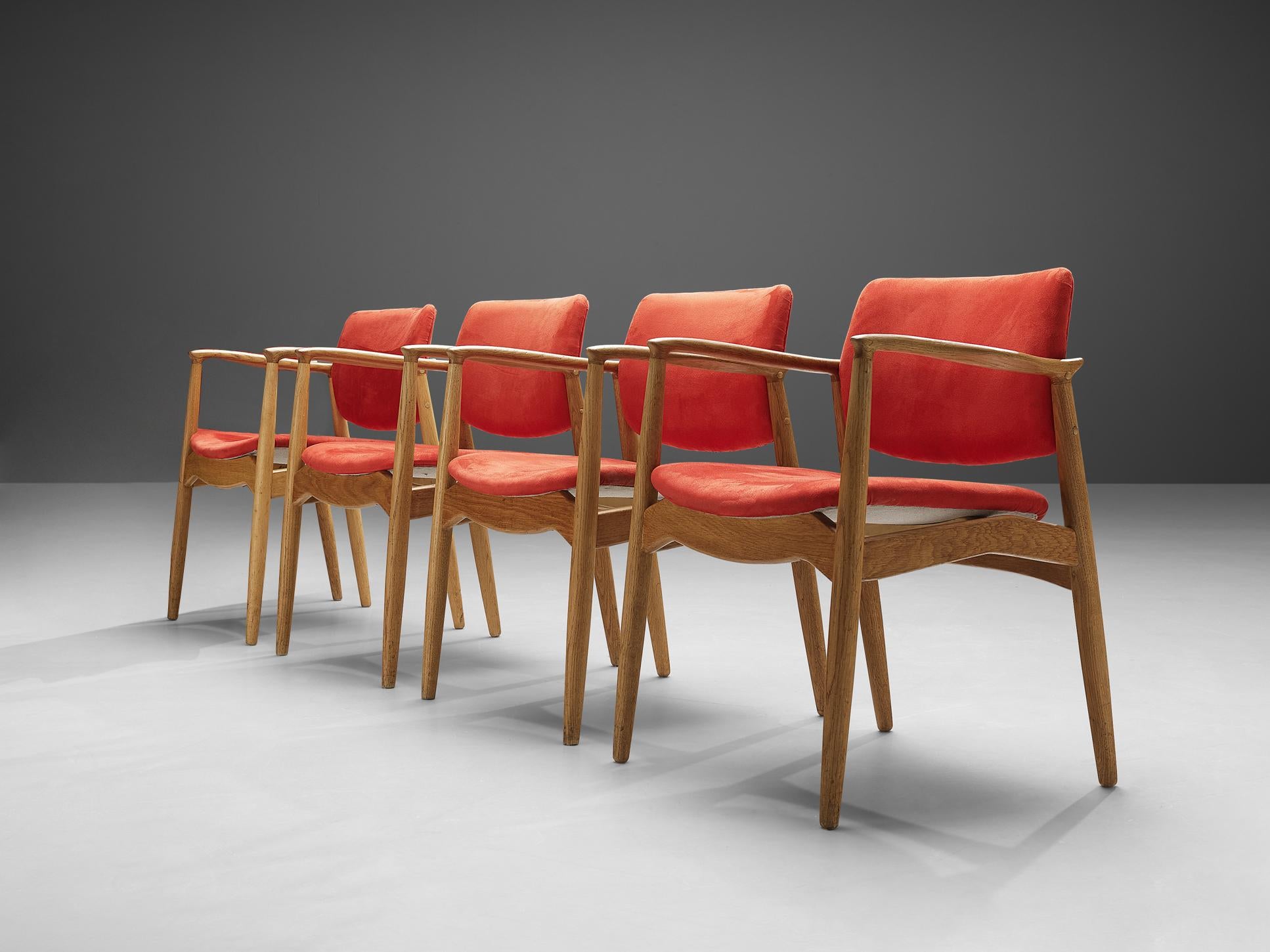 Erik Buch Set of Four 'Captains' Armchairs in Oak and Red Upholstery