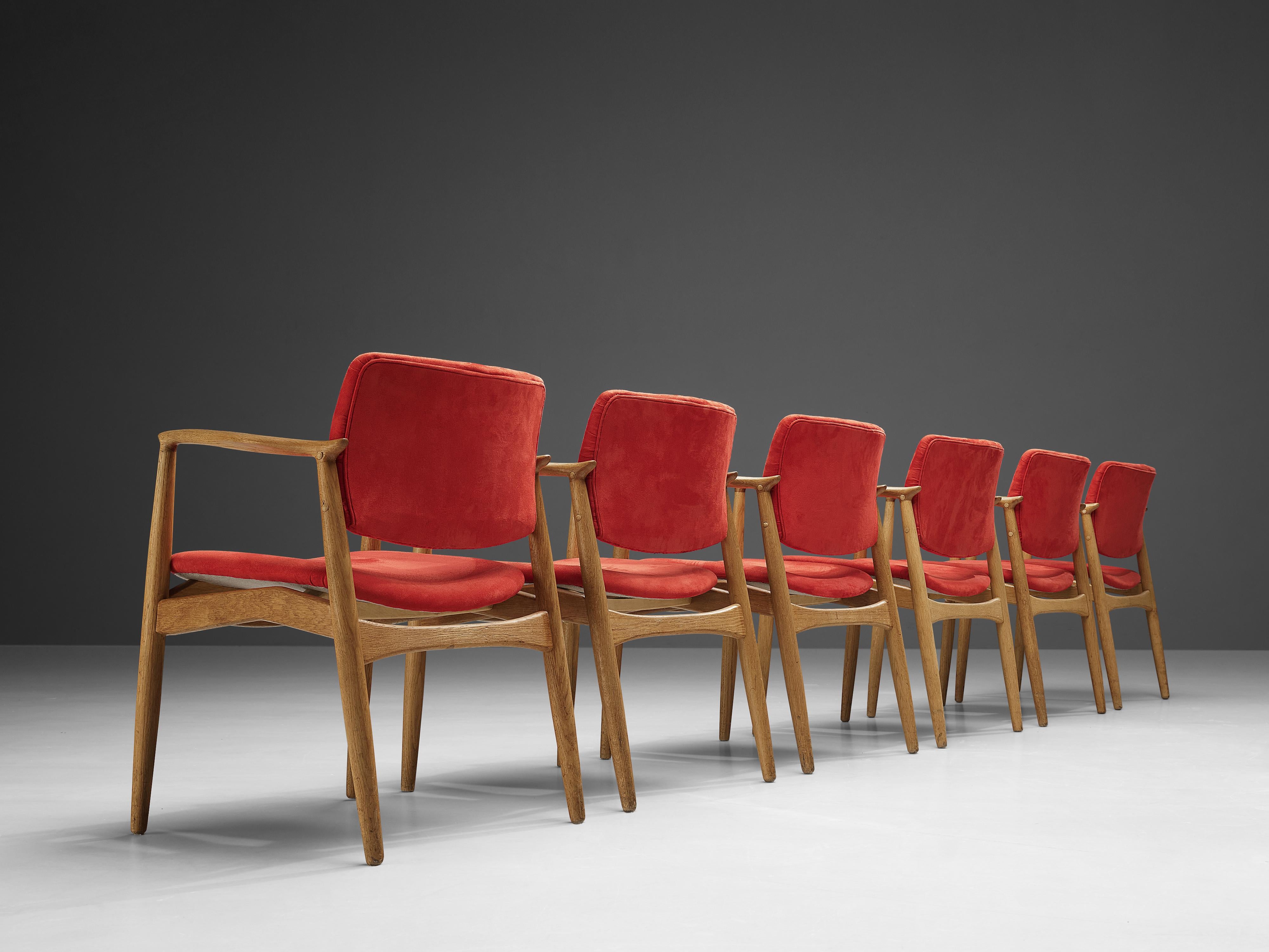 Erik Buch Set of Six 'Captains' Armchairs in Oak and Red Fabric Upholstery