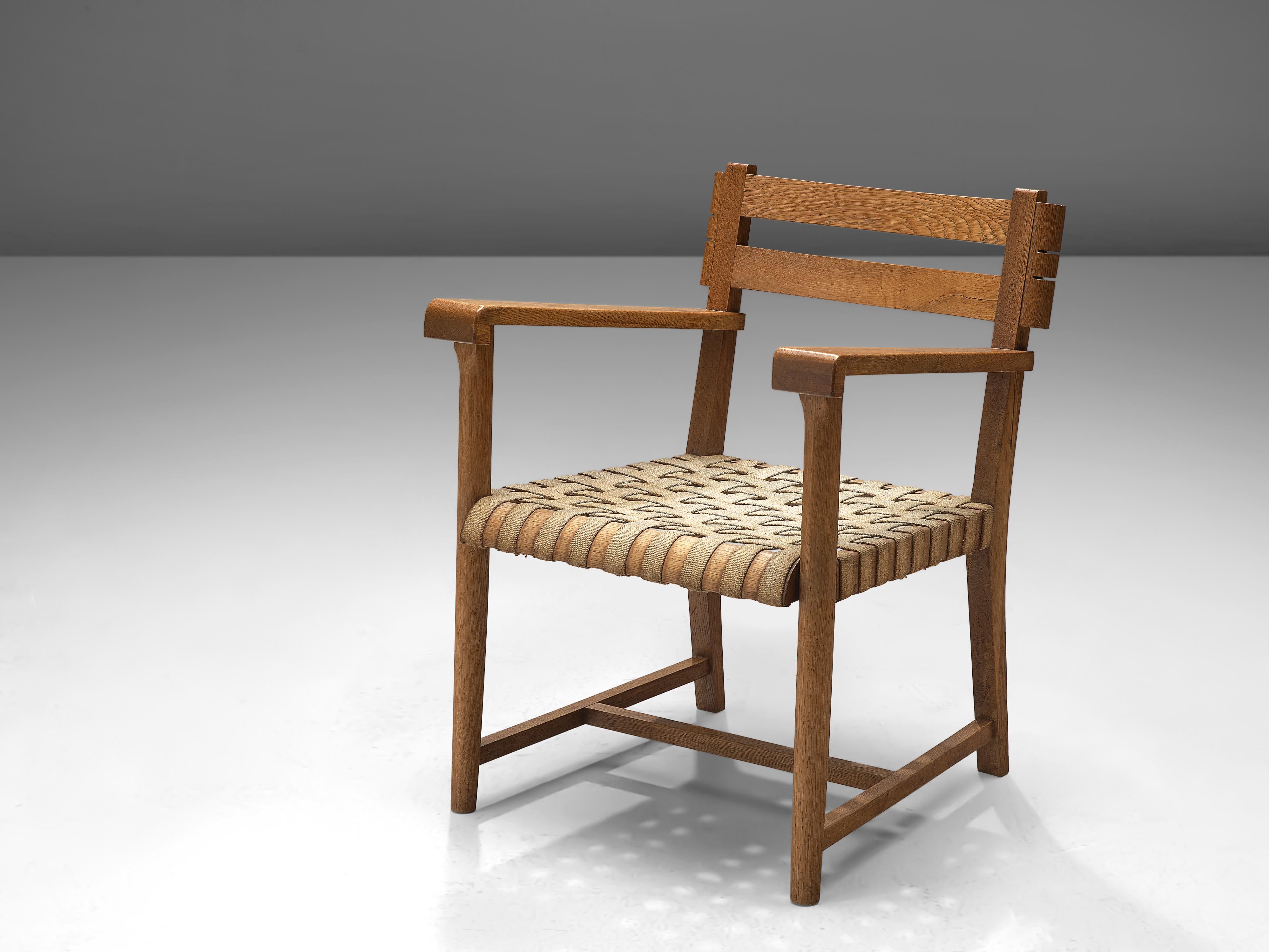 French Art Deco Armchair in Solid Oak with Woven Canvas Seat