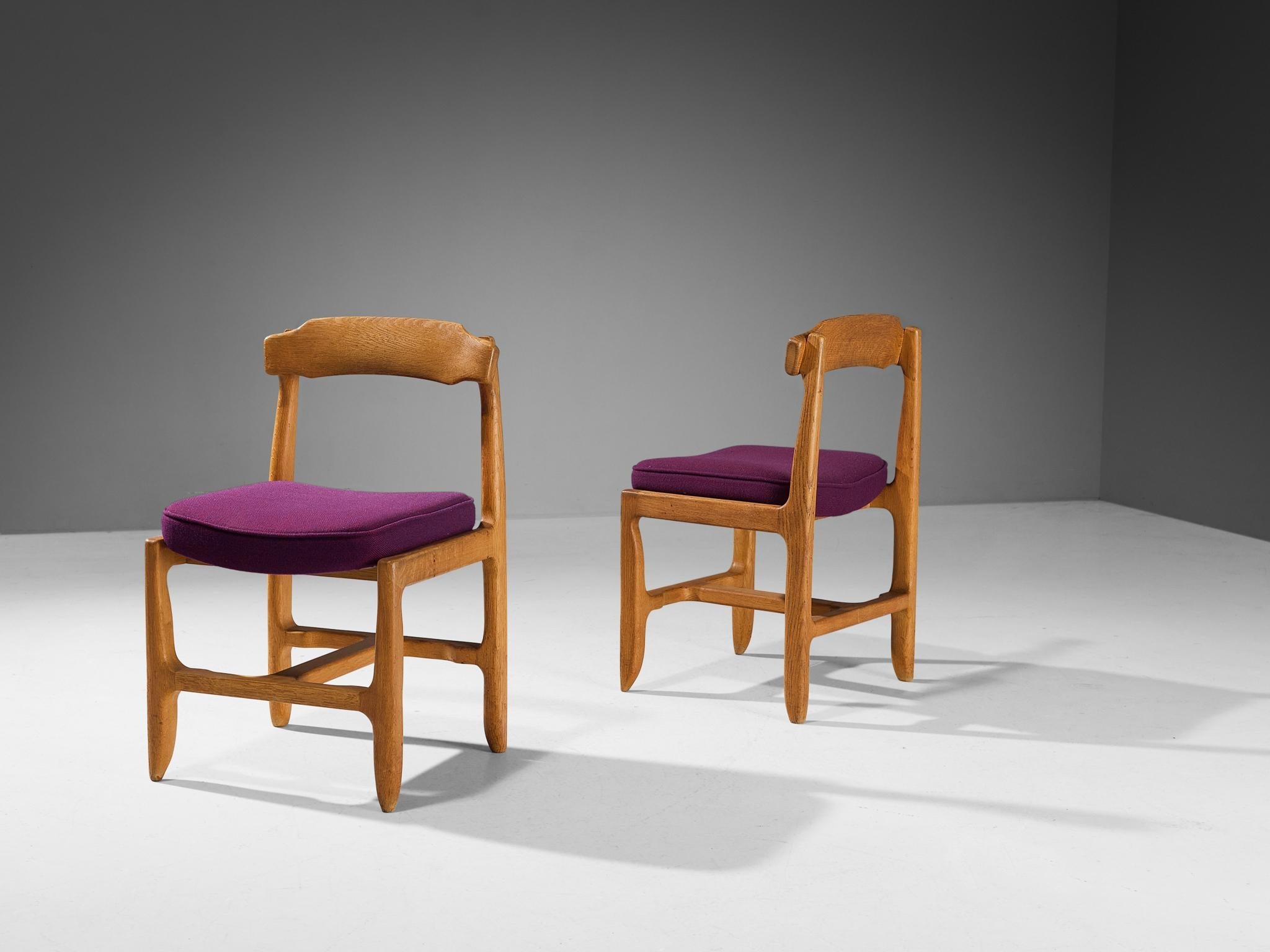Guillerme & Chambron Pair of Dining Chairs in Oak and Purple Upholstery