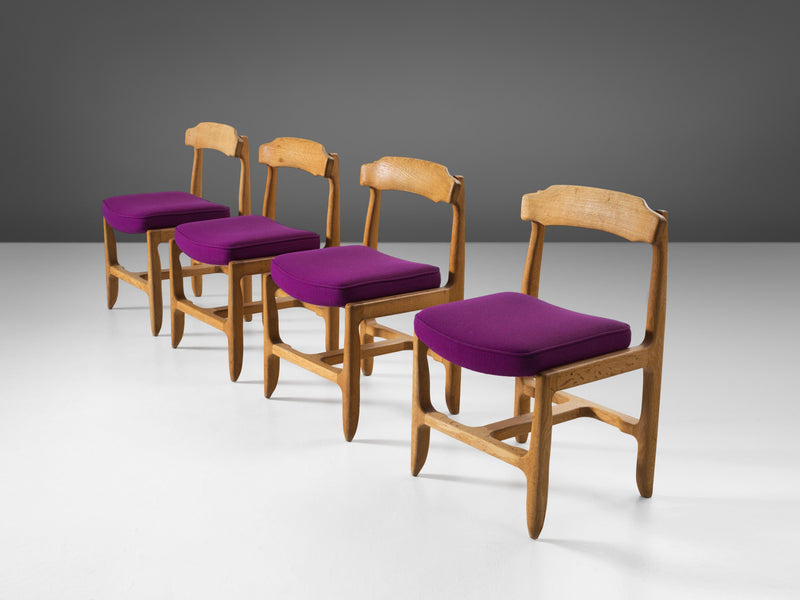 Guillerme & Chambron Set of Four Dining Chairs in Oak and Purple Upholstery