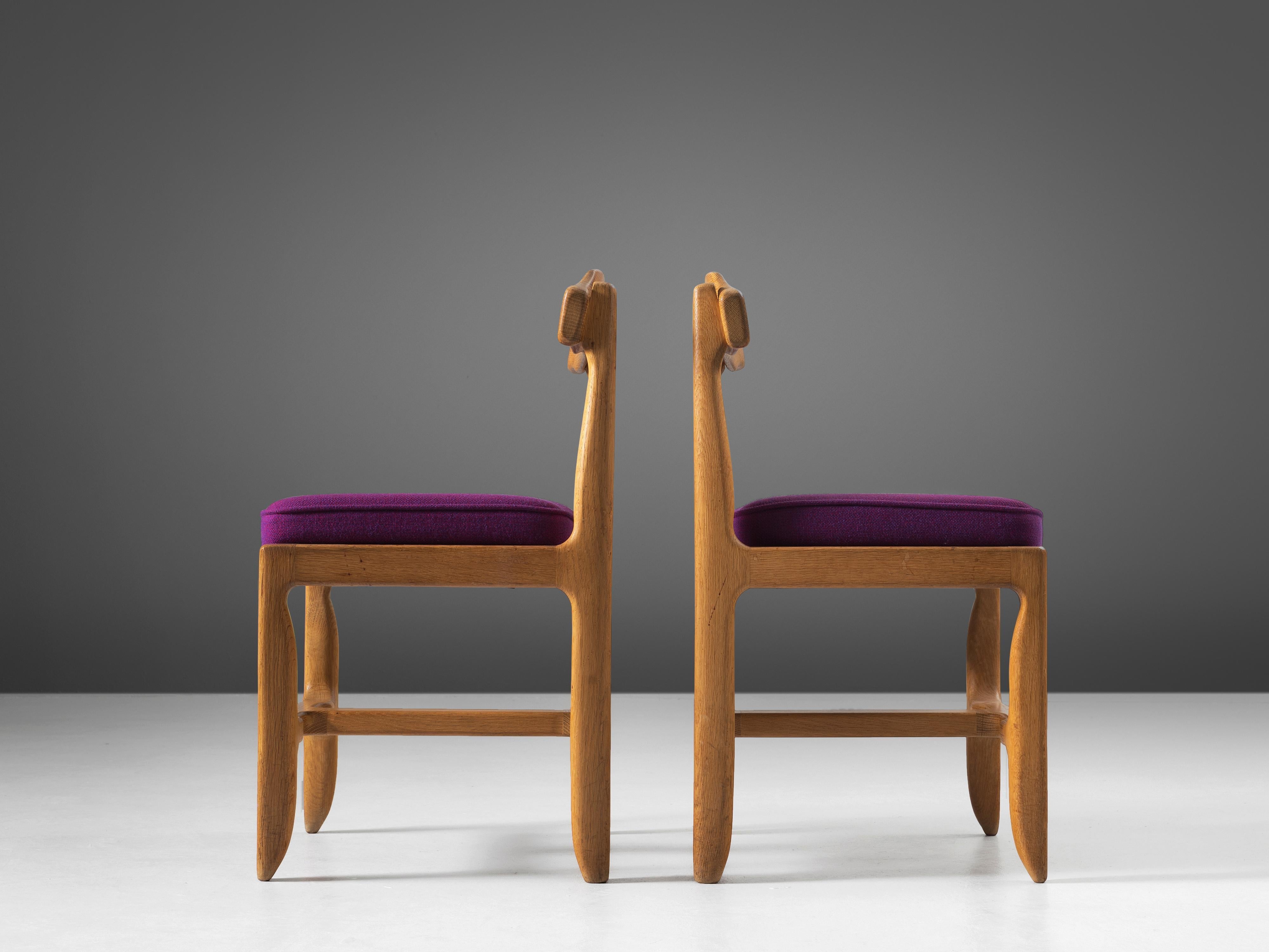 Guillerme & Chambron Set of Four Dining Chairs in Oak and Purple Upholstery