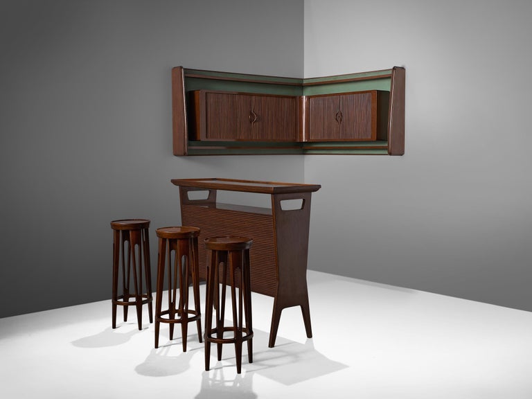 Italian Home Bar With Cabinet and Stools in Walnut