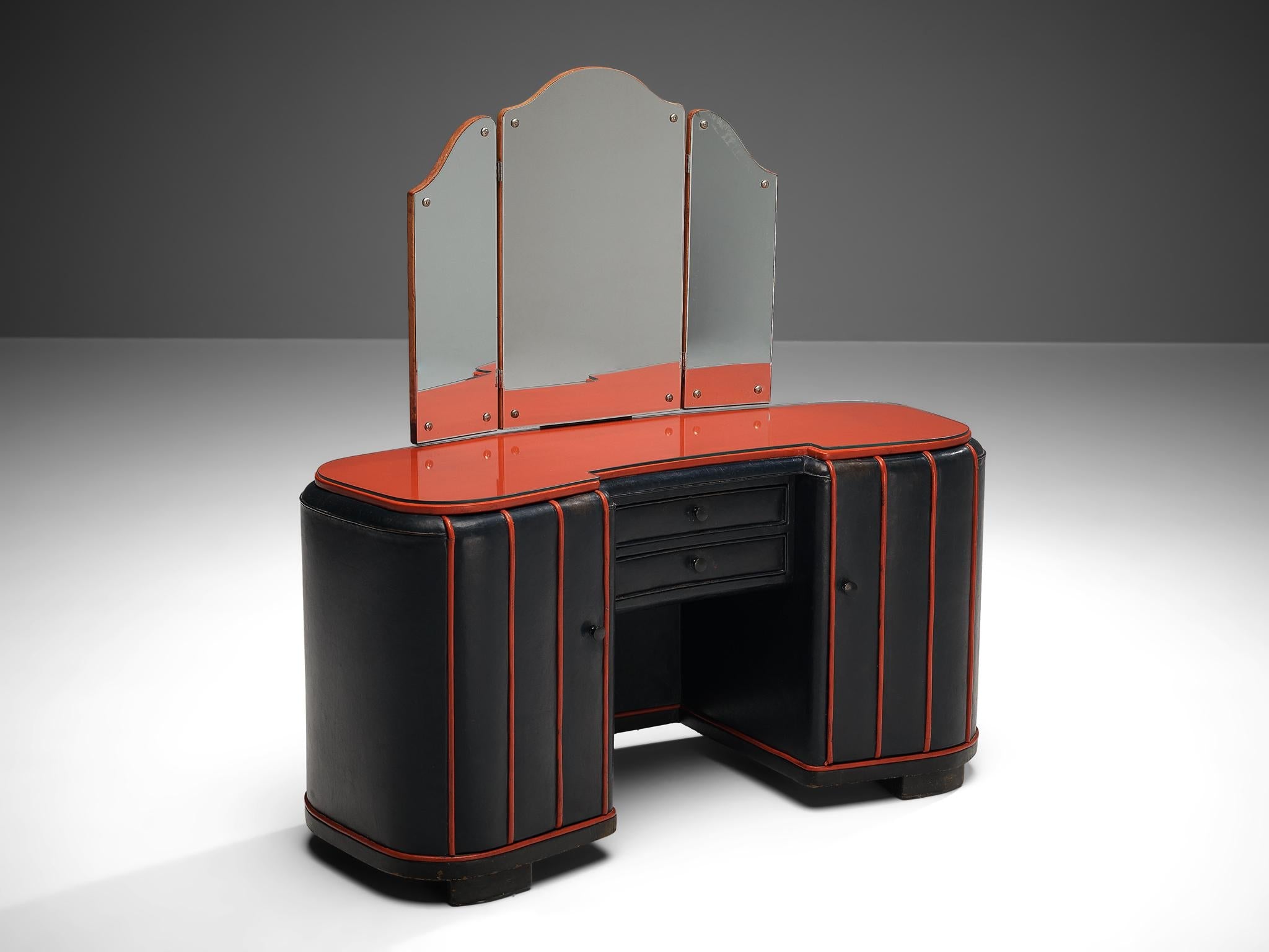 Danish Dressing Table in Navy Blue Leather and Red Lacquered Wood