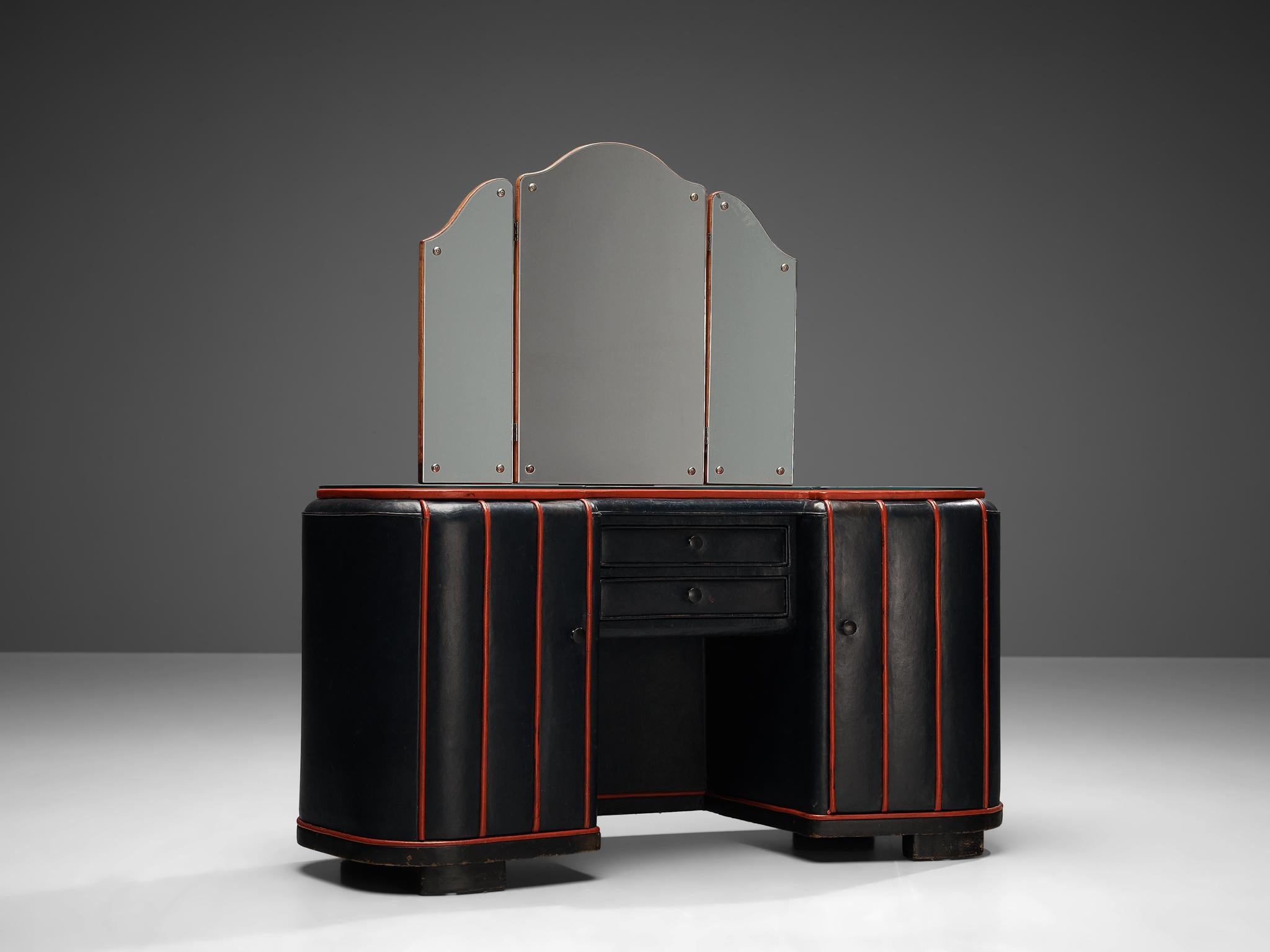 Danish Dressing Table in Navy Blue Leather and Red Lacquered Wood