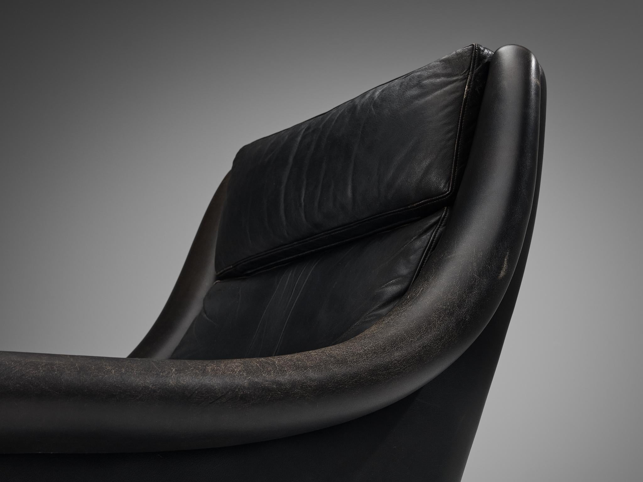 Danish Lounge Chair in Black Leather and Teak