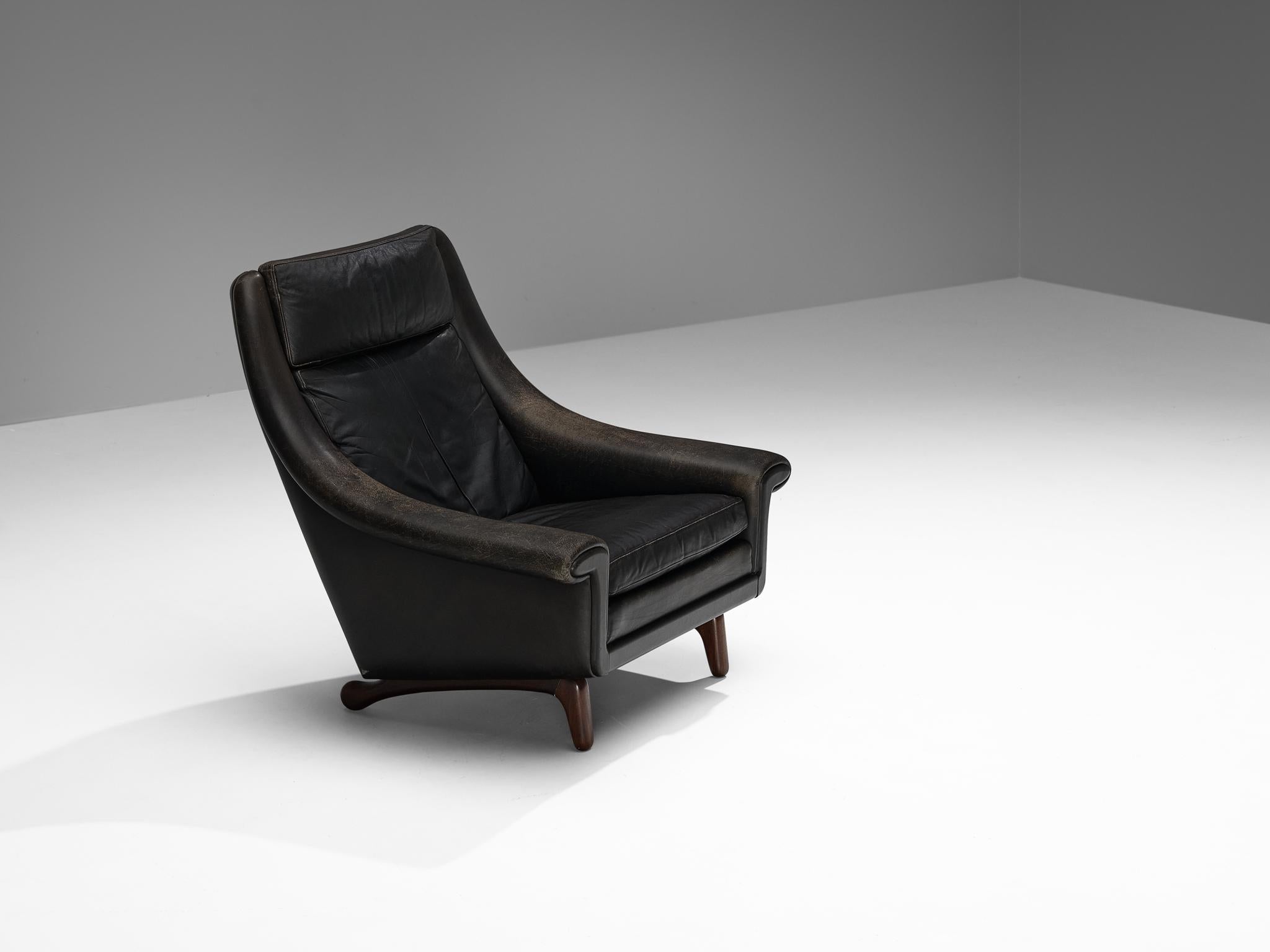 Danish Lounge Chair in Black Leather and Teak