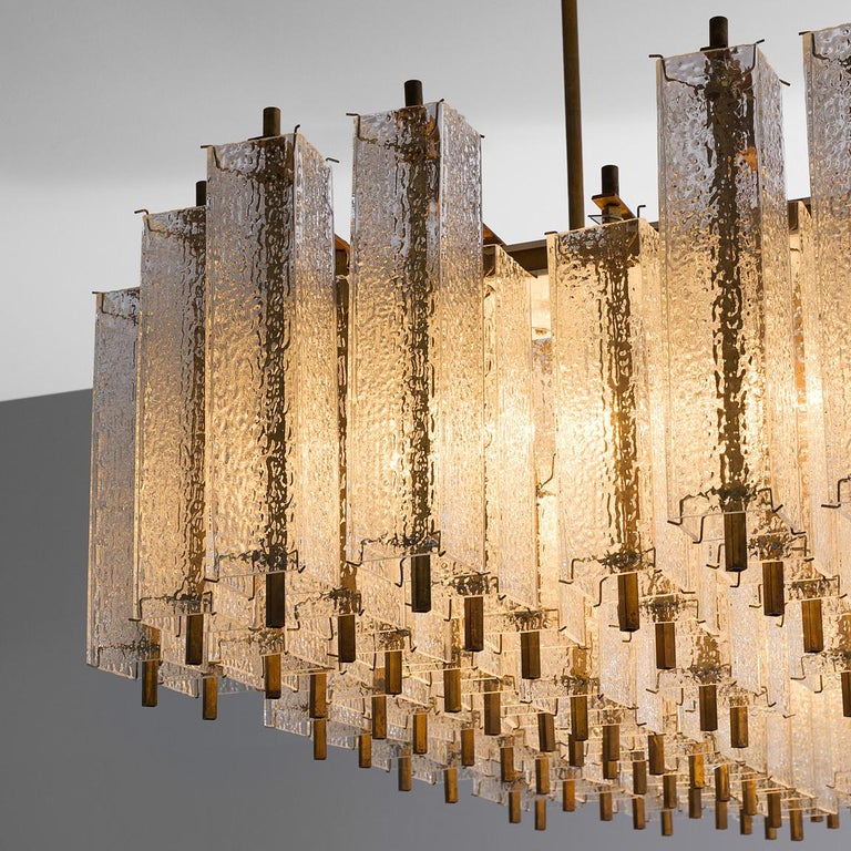 Large Chandelier in Structured Glass and Brass