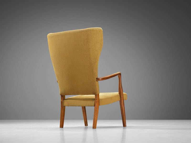 Danish Wingback Chair in Teak and Mustard Yellow Upholstery