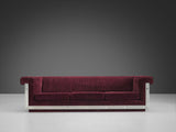 Postmodern French Sofa in Stainless Steel and Burgundy Velvet Upholstery