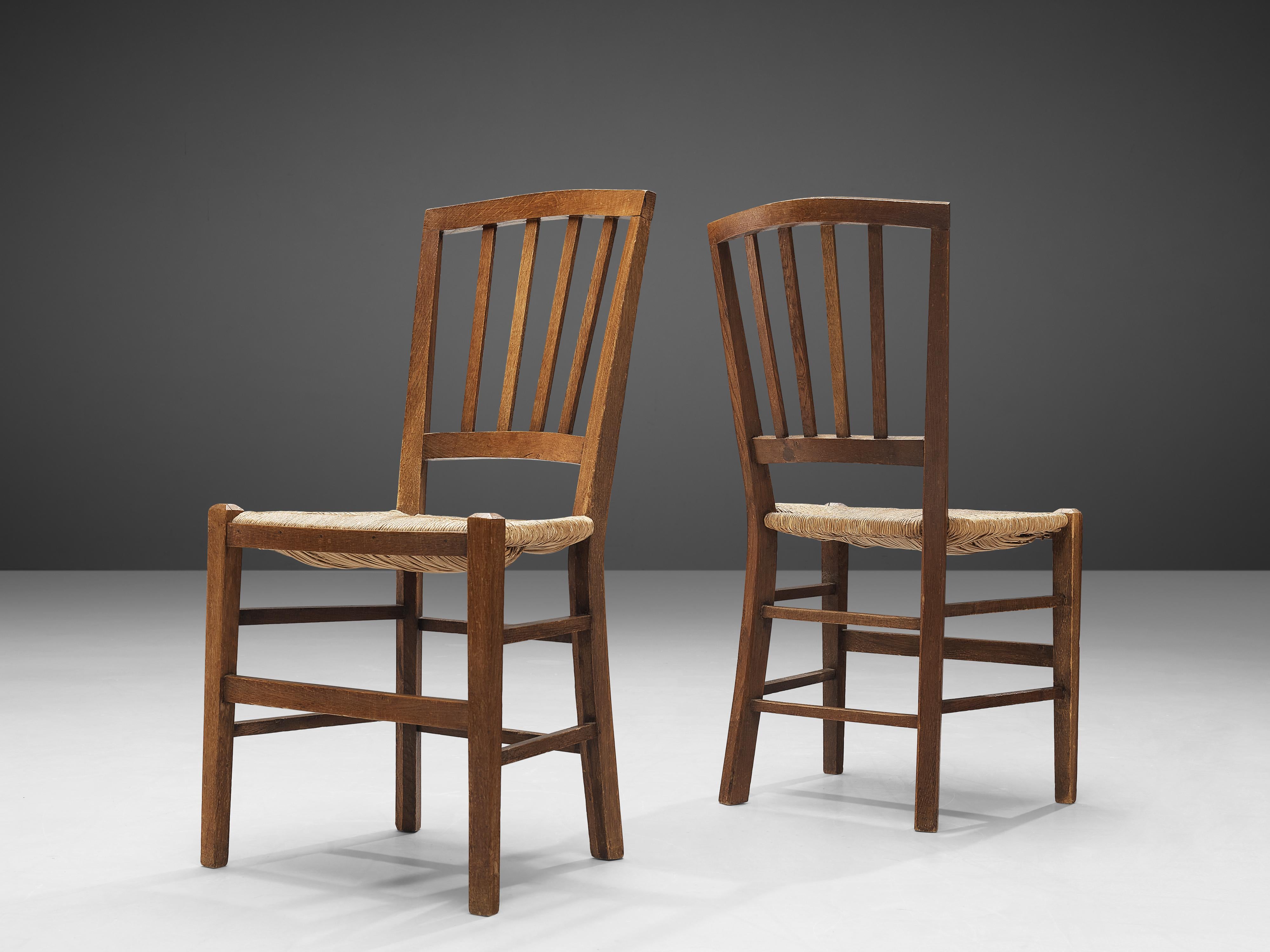 Dutch Dining Chairs in Stained Oak and Paper Cord Seating