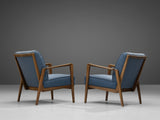 Emiel Veranneman Pair of Rare Lounge Chairs in Cherry and Blue Upholstery