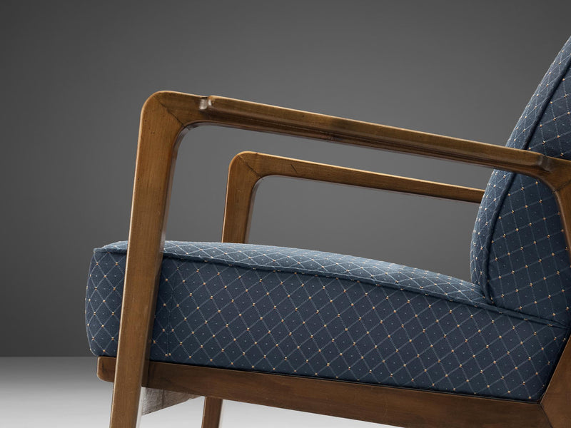 Emiel Veranneman Pair of Rare Lounge Chairs in Cherry and Blue Upholstery