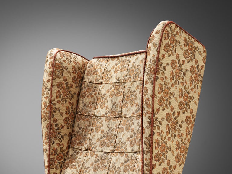 Wingback Armchair in Beige Floral Upholstery