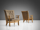 Guillerme & Chambron Pair of Lounge Chairs in Oak and Beige Upholstery