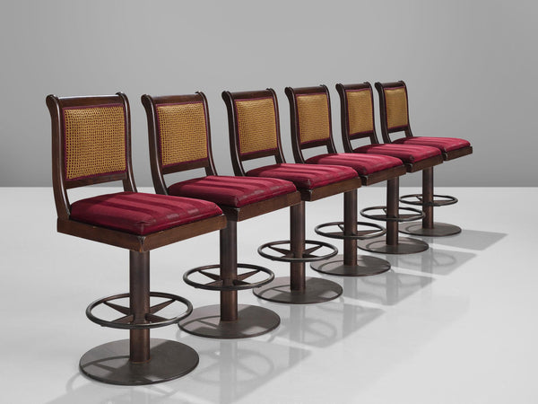 Swivel Bar Stools in Burgundy Upholstery and Metal
