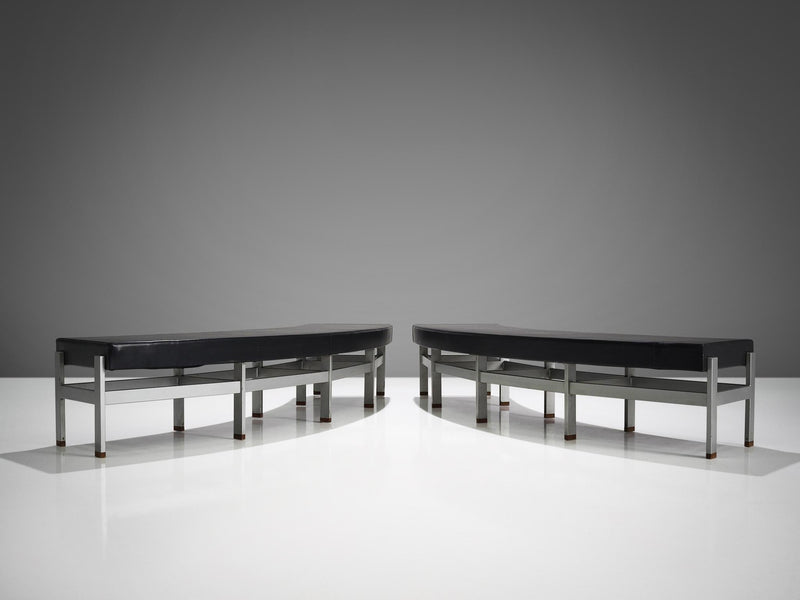Curved Benches in Black Upholstery and Metal