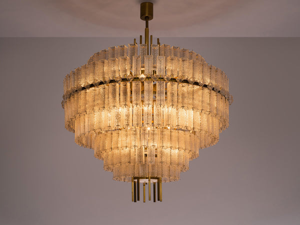 Very Large Chandelier in Brass and Structured Glass Elements