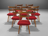 Danish Set of Eight Dining Chairs in Solid Elm and Red Upholstery