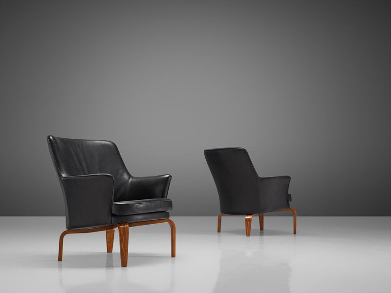 Arne Norell 'Pilot' Armchairs in Reupholstered Black Leather