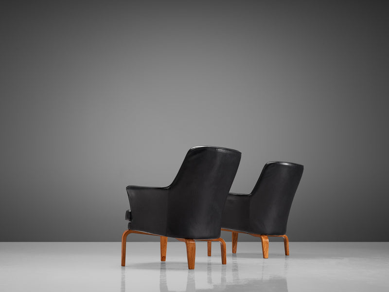 Arne Norell 'Pilot' Armchairs in Reupholstered Black Leather